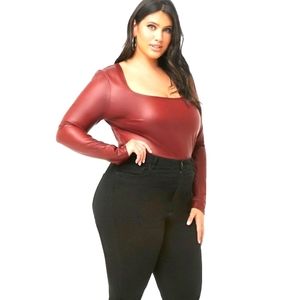 Long Sleeve Faux Leather Stretch Top
